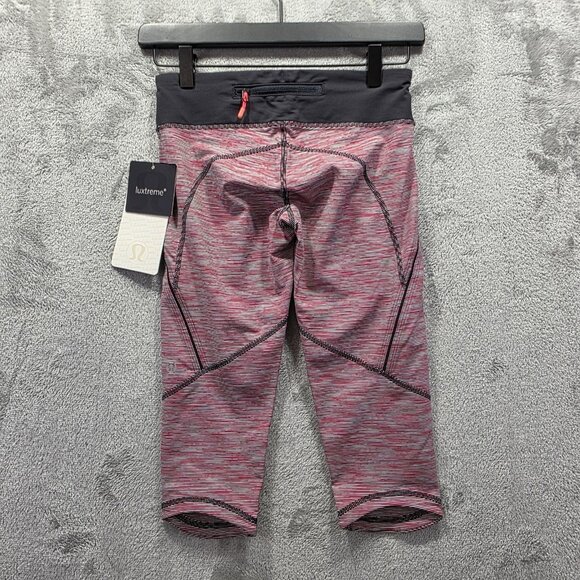 Lululemon Run Excel Crop Pants Womens 4 Pink Black Stripe Luxtreme Gel Pockets - Picture 2 of 10